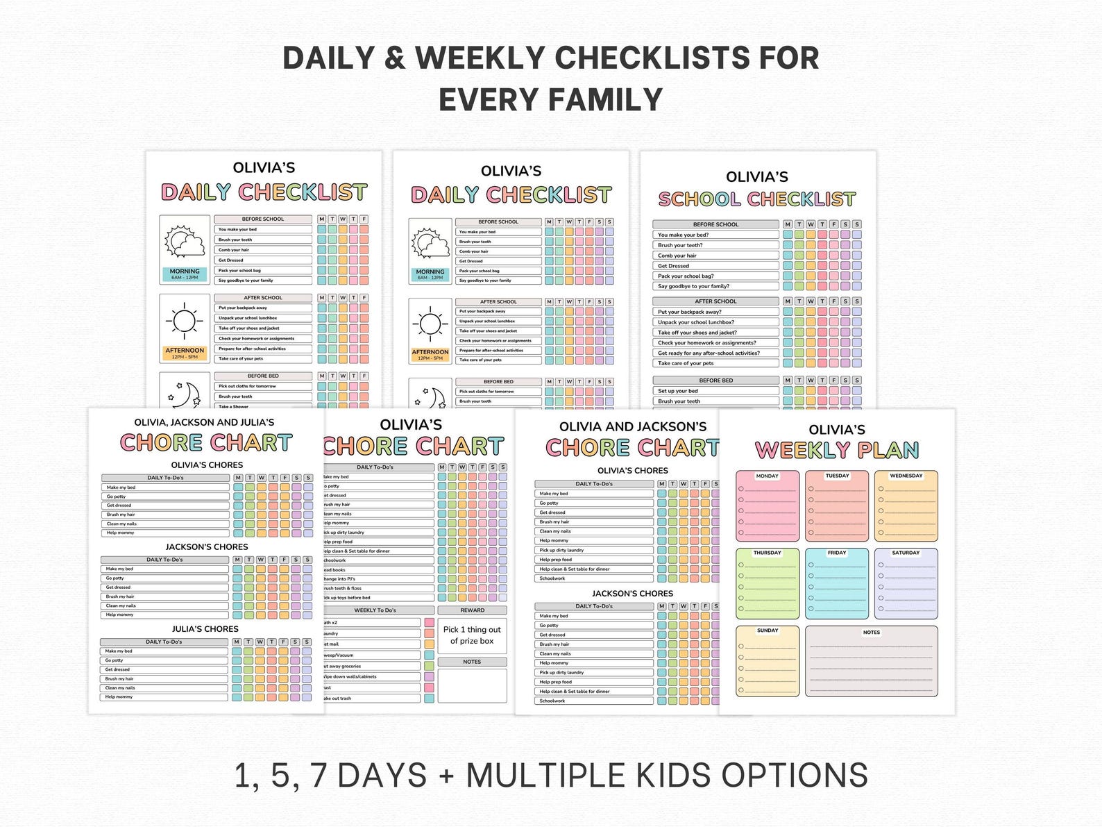 Editable Kids Chore Chart Bundle, Daily Checklist, Allowance, Reward ...