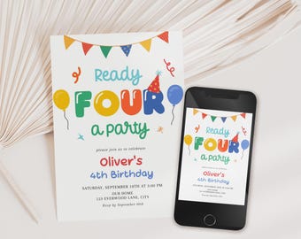 Colorful 4th Birthday Invitation Editable, Ready Four a Party Invite, Canva Template