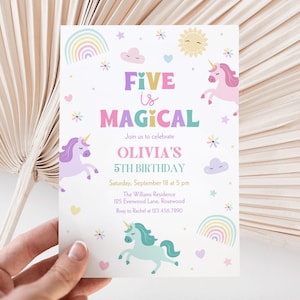 Unicorn 5th Birthday Invitation, Five is Magical Birthday Invite, Magical Rainbow Canva Template