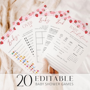 May include: Baby shower game cards with a strawberry design. The cards have pink and white gingham borders with red strawberry illustrations. Text on the cards includes "Baby", "Baby Predictions", and "20 Editable Baby Shower Games".
