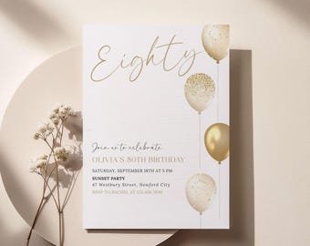 Invito modificabile per l'80° compleanno con palloncini dorati, modello Canva elegante e minimalista