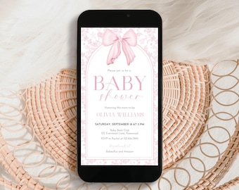 Dusty Pink Bow Baby Shower Evite, Vintage Toile Invitation (Canva Template)