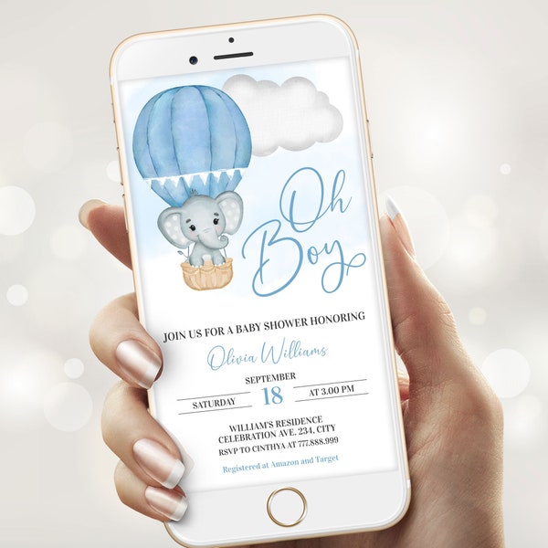 Blue Elephant Baby Shower E invite Template, Hot Air Balloon Baby Shower Evite, Editable Text Message Invitation