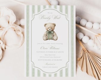 Teddy Bear Baby Shower Invitation Vintage Gender Neutral, Editable Sage Green Digital Canva Template