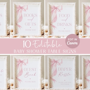 May include: A collection of ten editable baby shower table signs. Each sign features a pink bow and ribbon design, with text such as "Cards and Gifts," "Books and Gifts," and "Food and Drinks." The signs are in white frames.