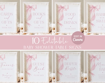 Pink Bow Baby Shower Signage, Blush Coquette Ribbon Table Signs, Canva Templates