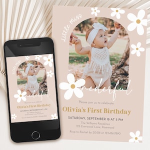 Invitation premier anniversaire Boho Daisy avec photo, invitation 1er anniversaire de Little Miss Onederful, numérique ou imprimable, modèle sur toile