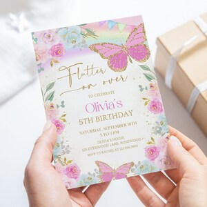 Rainbow Butterfly Birthday Invitation, Editable Whimsical Floral Invite, Canva Template image 5