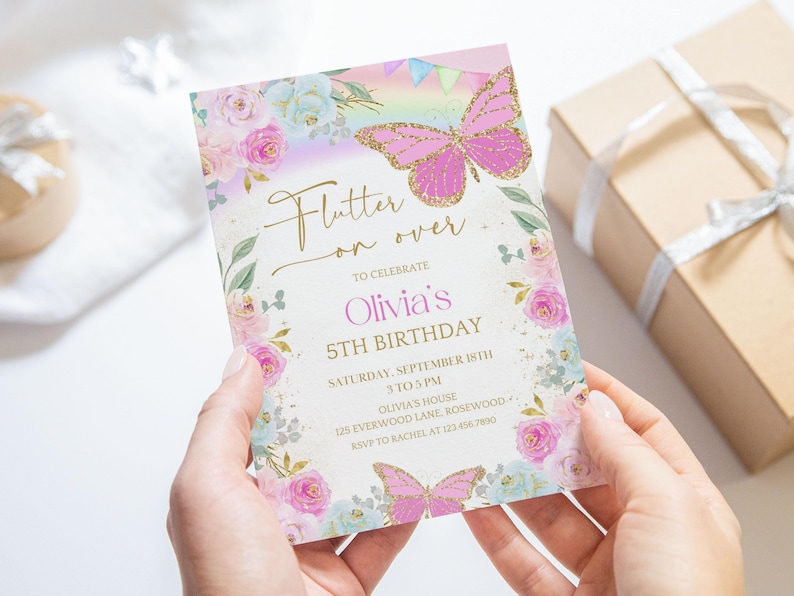 Rainbow Butterfly Birthday Invitation, Editable Whimsical Floral Invite, Canva Template image 5