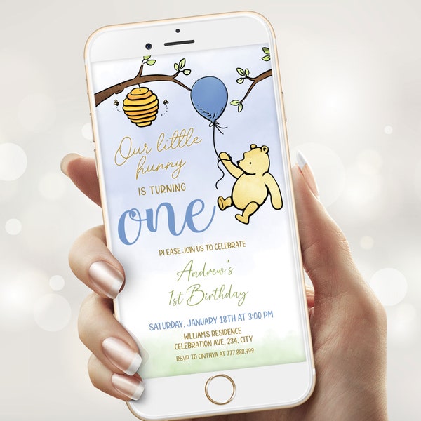 Winnie The Pooh Boy Birthday Electronic Invitation, First Birthday Evite Template for Boy, Digital Text Birthday Invite