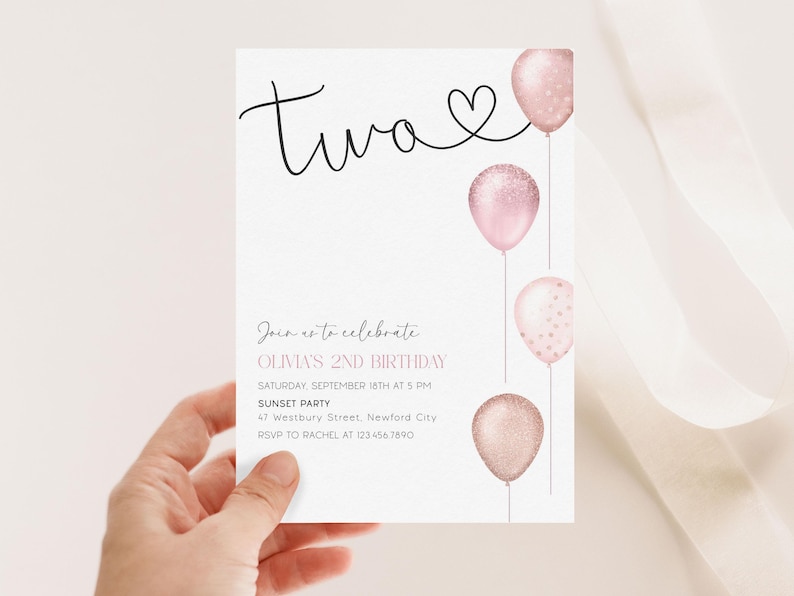 Girl Second Birthday Invitation Editable, Two Birthday Invite, Pink Balloons 2nd Birthday Party Digital Download Canva image 3