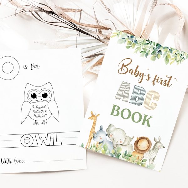 ABC-boek Babyshower Kleurboek Safari-thema, bewerkbare omslag en toewijding, bijpassend activiteitenteken inbegrepen | SAF