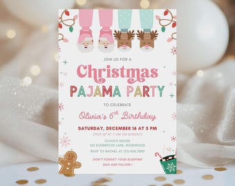 Pink Christmas Pajama Birthday Party Invitation, Girl Sleepover Invite, Digital Canva Template