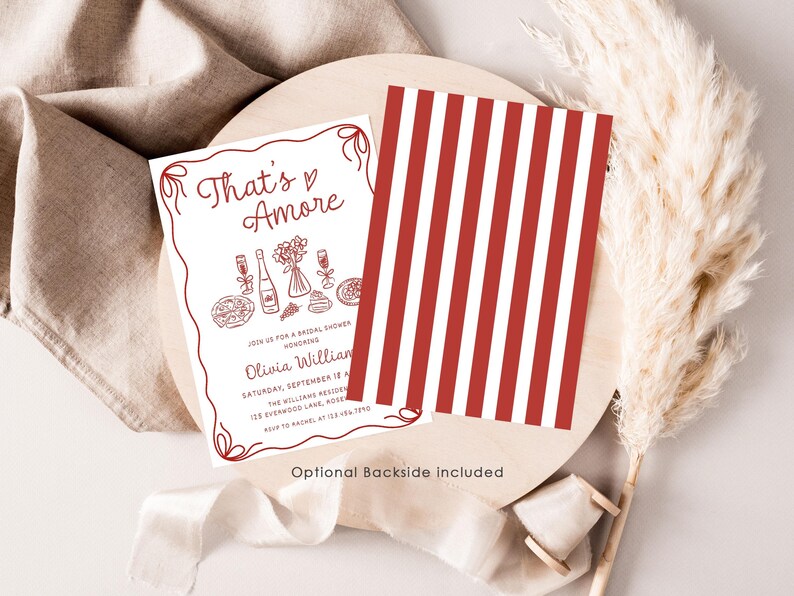 May include: A red and white striped card with the text "That's Amore" in red script. The card is a bridal shower invitation with a hand-drawn illustration of food and wine.