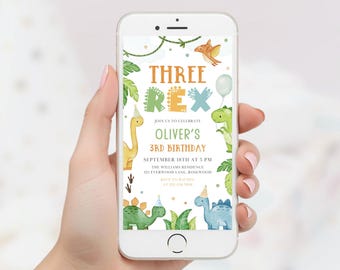 Dinosaur 3 Birthday Mobile Invite, Three Rex Digital Evite, Canva Editable