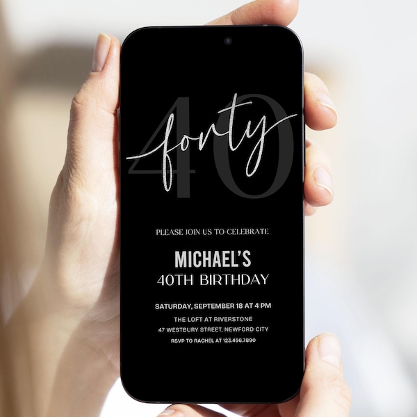 Electronic 40th Birthday Invitation Template for Men, Modern Minimal Evite, Canva Template