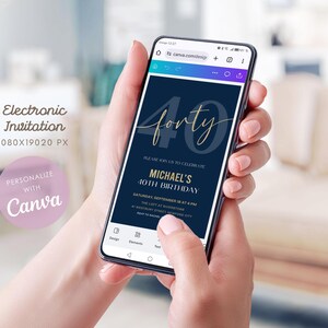 40th Birthday Digital Phone Invitation for Men Editable, Navy and Gold Canva Template image 3