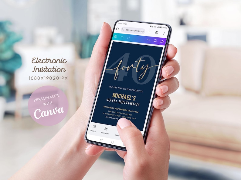 40th Birthday Digital Phone Invitation for Men Editable, Navy and Gold Canva Template image 3