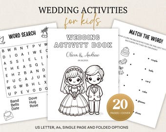May include: A wedding activity book for kids with a word search, matching game, and a coloring page featuring a bride and groom. The cover reads "Wedding Activity Book" with the names Olivia & Andrew and the date 09.18.200XX. Includes 20 pages and cover.