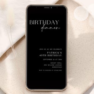 Birthday Dinner Electronic Invitation, Black Minimalist Editable Birthday Evite, Dinner Party Phone Invite Canva Template