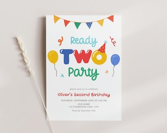 Ready Two Party Digital Invitation Editable, Colorful 2nd Birthday Invite, Canva Template