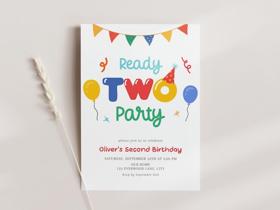 Ready Two Party Digital Invitation Editable, Colorful 2nd Birthday Invite, Canva Template