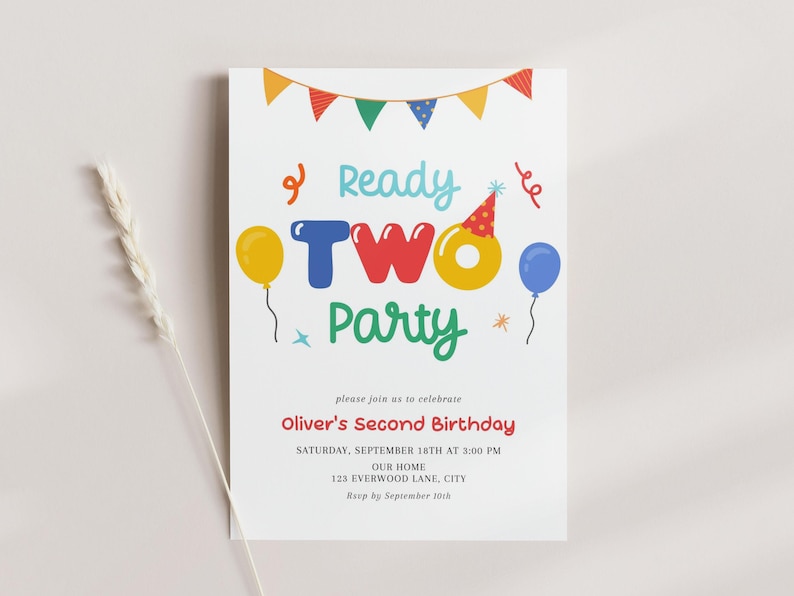 Ready Two Party Digital Invitation Editable, Colorful 2nd Birthday Invite, Canva Template