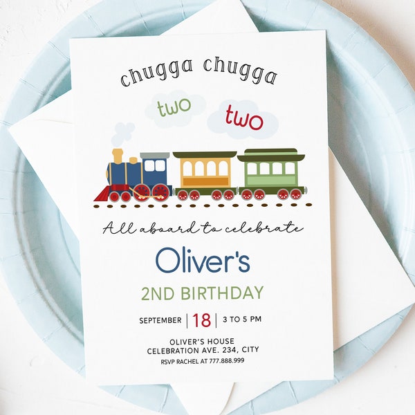 Chugga Chugga Two Two Birthday Invitation Editable, Train Birthday Invite, Boy Birthday Party Digital Download