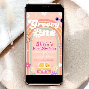 Digitale verjaardagsuitnodiging Groovy One, Daisy Rainbow 1e verjaardag telefoonuitnodiging, hippiefeest verjaardag Evite Canva-sjabloon