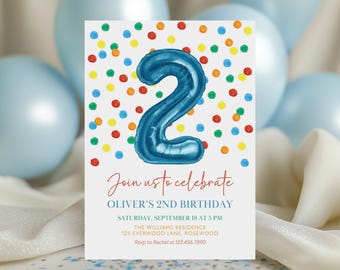 Boy 2nd Birthday Digital Invitation Colorful Confetti, Balloon Birthday Invite, Canva Template
