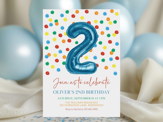 Boy 2nd Birthday Digital Invitation Colorful Confetti, Balloon Birthday Invite, Canva Template