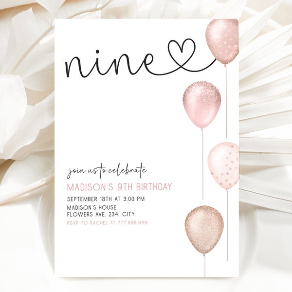 9th Birthday Party Invitation Template, 9th Birthday Girl Invite Editable, Pink Glitter Balloons Printable