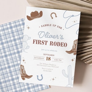 Il mio primo invito di compleanno per ragazzi del rodeo, invito modificabile per il primo compleanno di un cowboy, modello di Canva per feste western