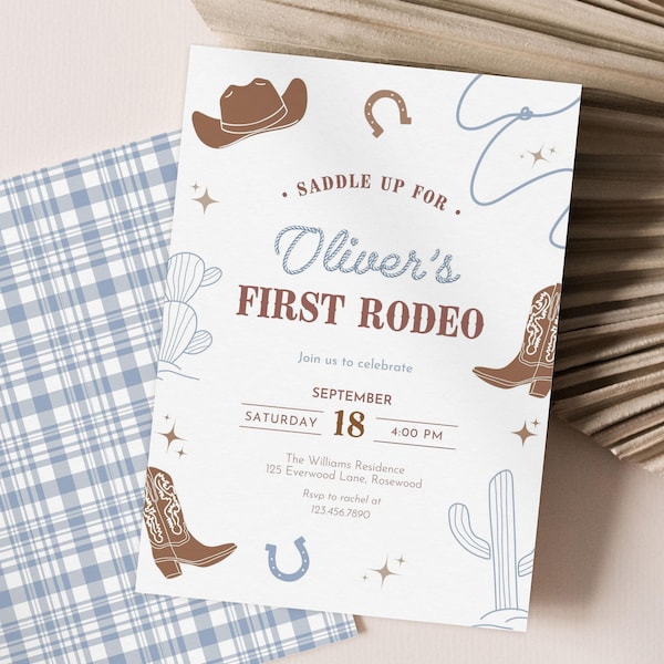 Convite de aniversário para menino com tema de rodeio, convite editável para primeiro aniversário de cowboy, modelo de festa country para Canva