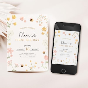 1st Bee Day Invitation Editable, Floral Girl First Birthday Invite, Canva Template image 5