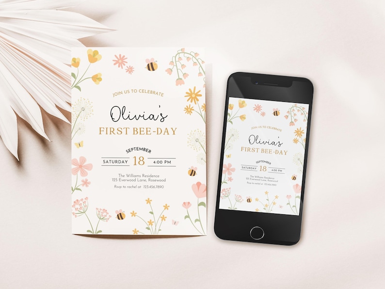 1st Bee Day Invitation Editable, Floral Girl First Birthday Invite, Canva Template image 5