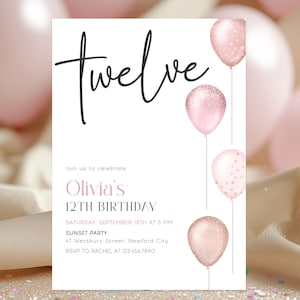 12th Birthday Invitation Editable, Twelve Birthday Invite Pink Balloons, Tween Girl Birthday Party Digital Canva Template