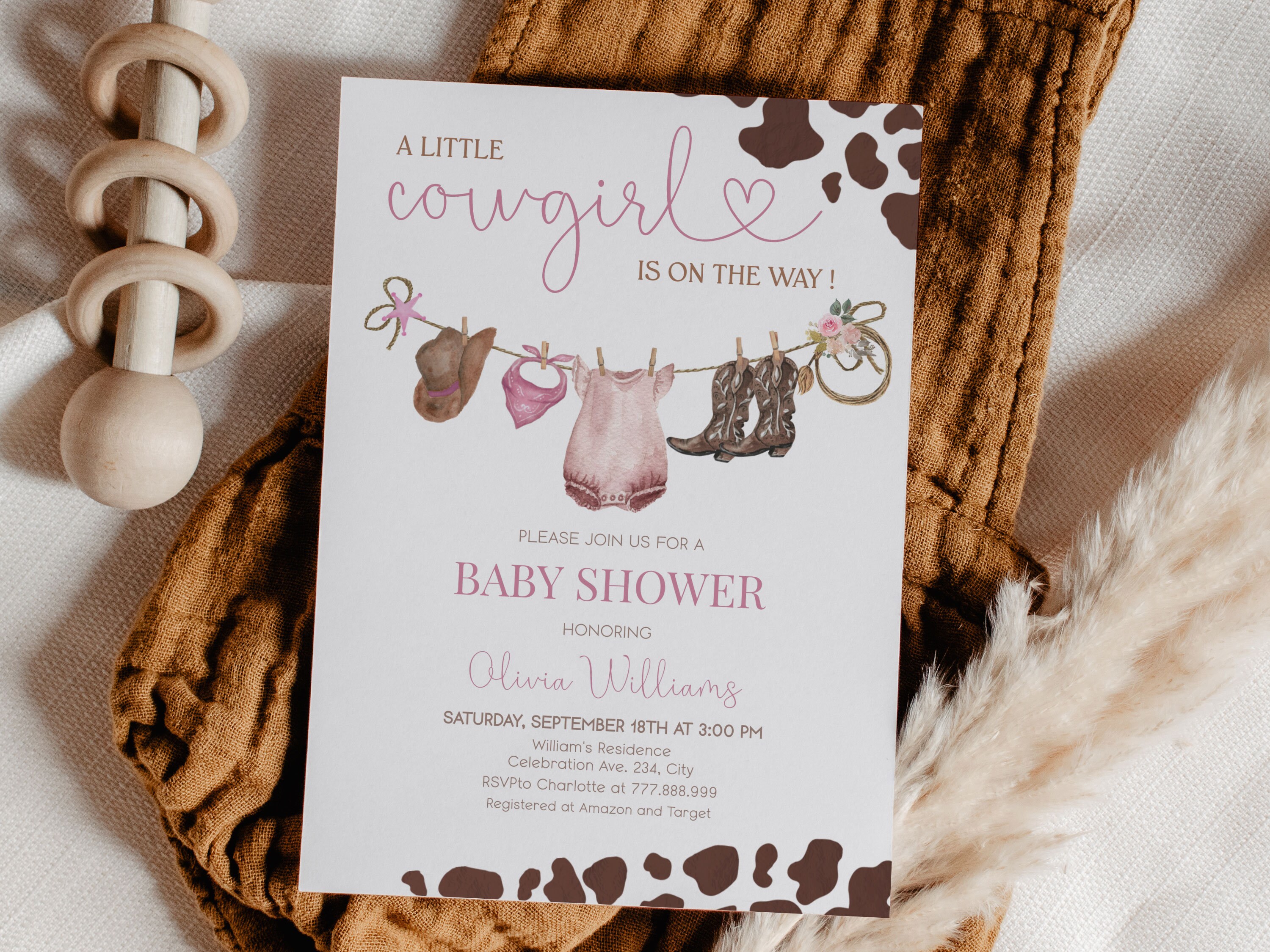 Cowgirl Baby Shower Invitation Template Country Girl Babyshower Invite Editable Pink Western Invitation WSG