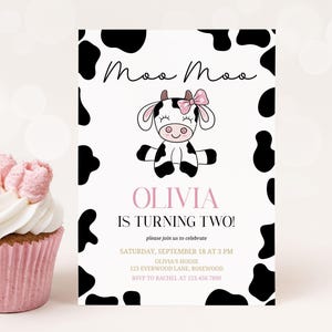 Moo Moo I&#39;m Two Girl Birthday Invitation Editable, Cow 2nd Birthday, Canva Template