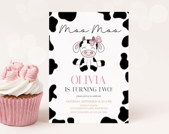 Cow 2nd Birthday Invitation for Girl, Moo Moo Editable Canva Template