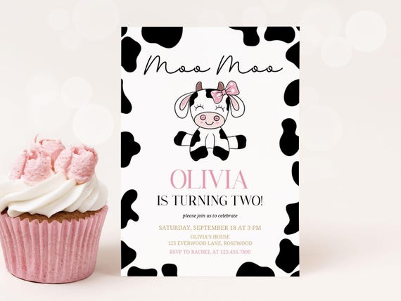 Cow 2nd Birthday Invitation for Girl, Moo Moo Editable Canva Template