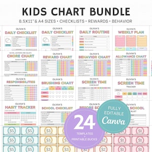 Puede incluir: Un colorido paquete de gráficos para niños con 24 plantillas, que incluyen listas de verificación diarias, gráficos de tareas y gráficos de recompensas. El paquete incluye billetes imprimibles y es totalmente editable en Canva.