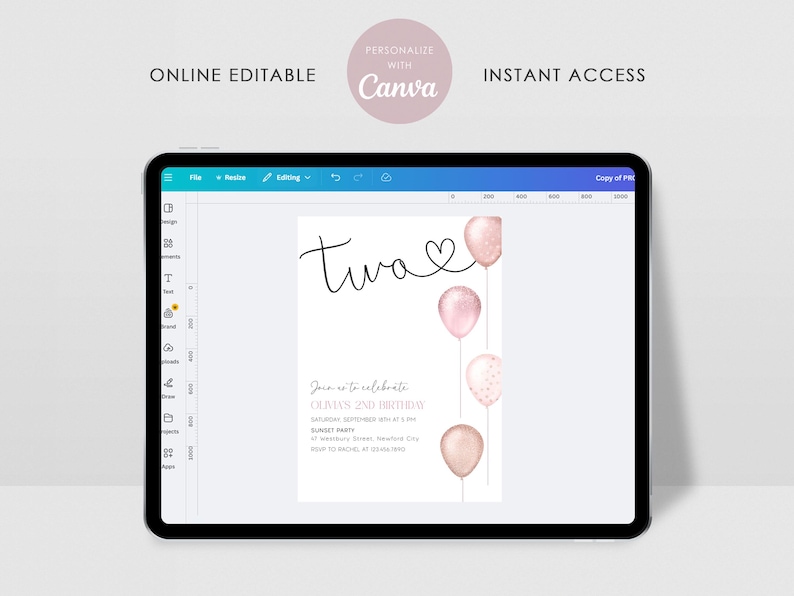 Girl Second Birthday Invitation Editable, Two Birthday Invite, Pink Balloons 2nd Birthday Party Digital Download Canva image 4