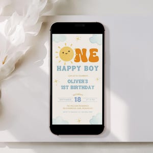 One Happy Boy Birthday Evite, Sun 1st Birthday Text Invitation, Canva Template image 6