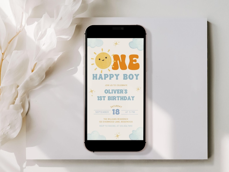 One Happy Boy Birthday Evite, Sun 1st Birthday Text Invitation, Canva Template image 6