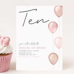 10th Birthday Invitation Girl, Tenth Birthday Invite Editable, Blush Pink Balloons Template