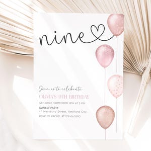 Girl 9th Birthday Invitation Editable Pink Balloons, Nine Digital Girl Invite, Canva Template image 5