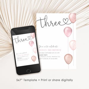 Girl's 3rd Birthday Invitation, Pink Balloons, Editable Canva (Digital Download) image 2
