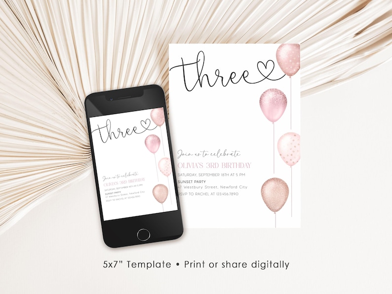 Girl's 3rd Birthday Invitation, Pink Balloons, Editable Canva (Digital Download) image 2