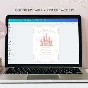 May include: A laptop screen shows a pink princess-themed birthday invitation. The invitation features a castle illustration, the text "Her Royal Highness," and the name "Madison." The screen also shows the Canva logo and the text "ONLINE EDITABLE &bull; INSTANT ACCESS."